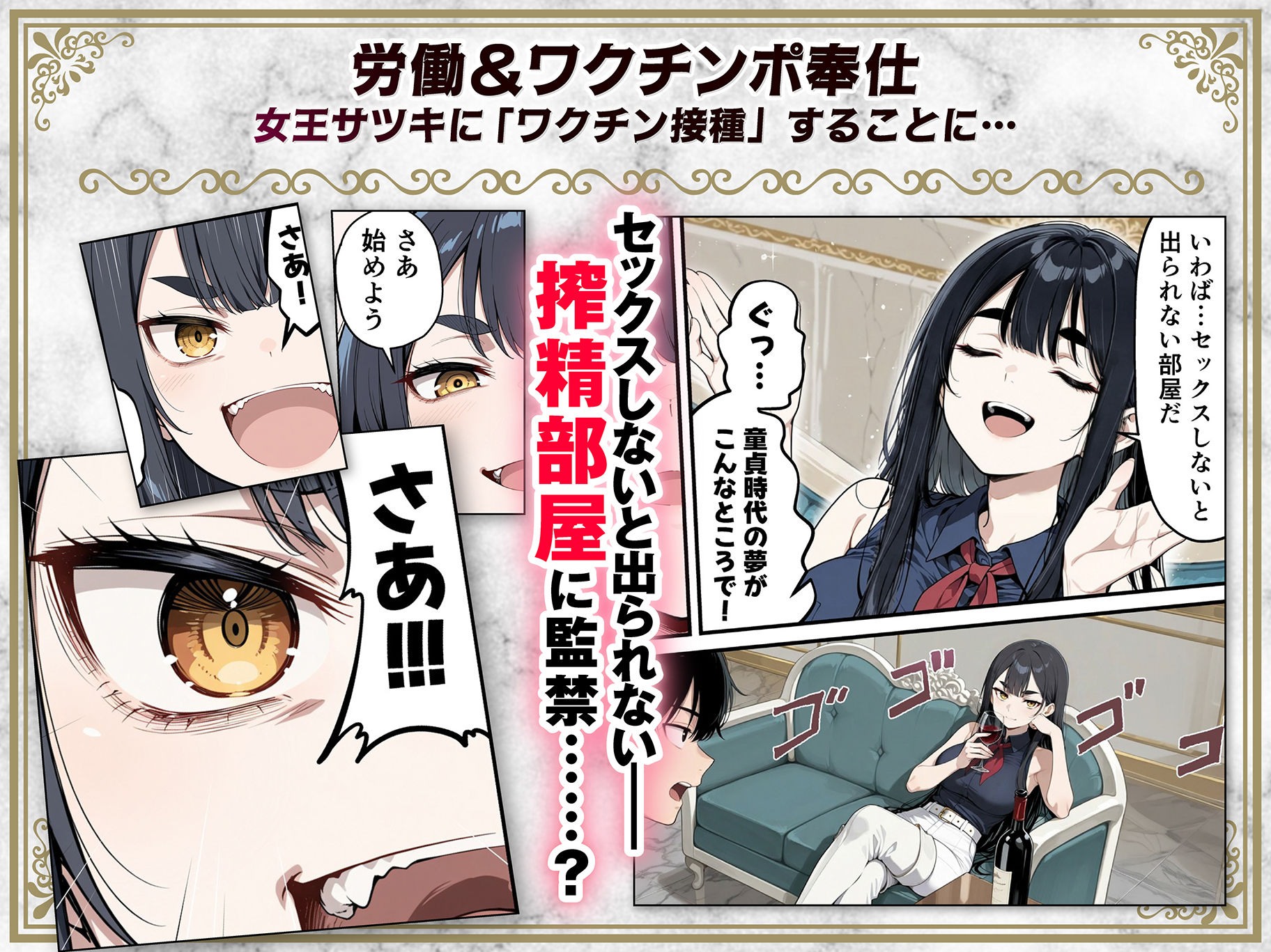太眉おっぱい長官と貧乳ジト目副官にワクチンポな僕が搾精部屋へ閉じ込められる話 サンプル4ページ目