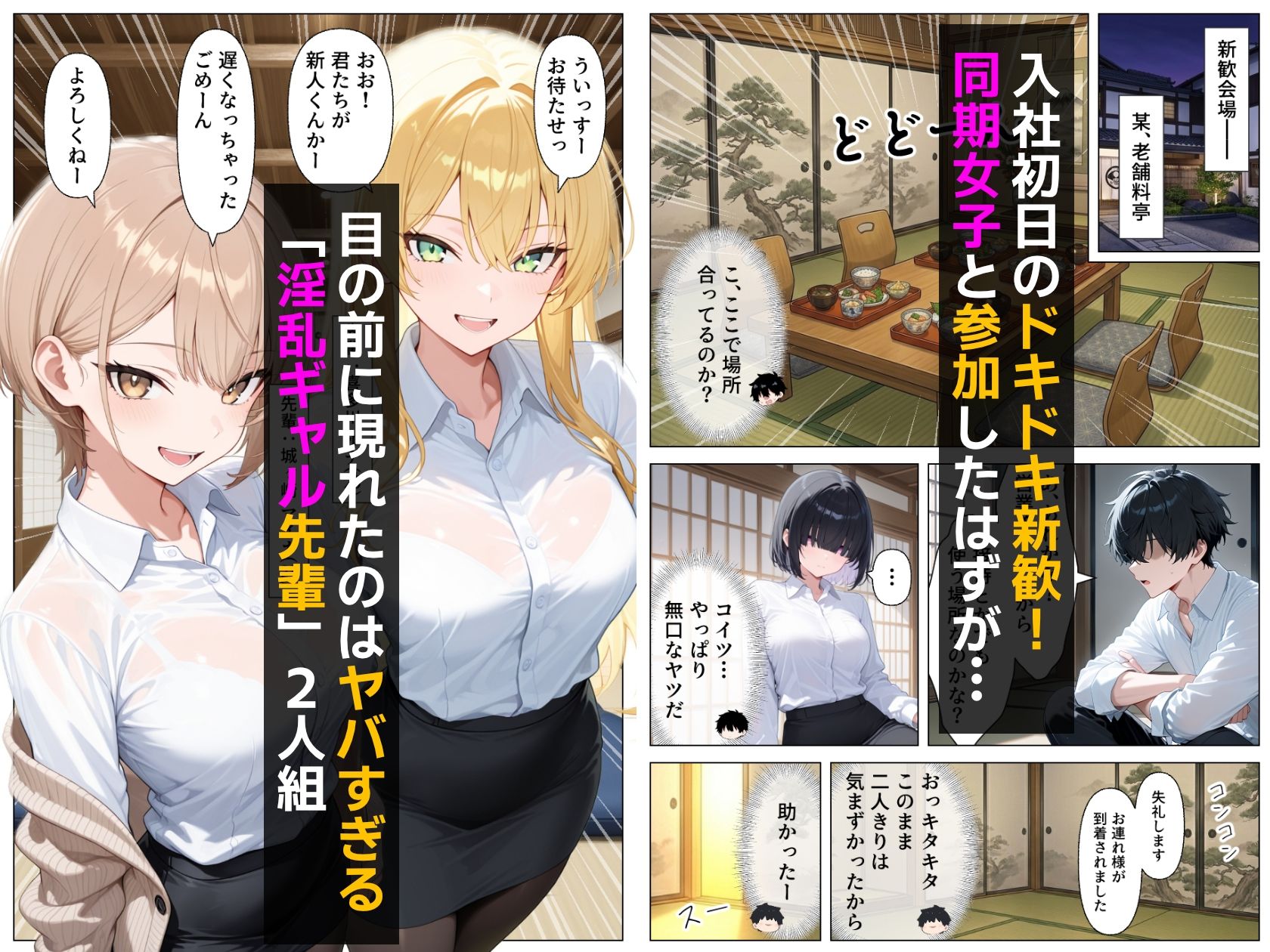 先輩ギャルOLから誘惑性接待_新入社員を「歓迎してあげる（はーと）」ハーレム天国？？ サンプル1ページ目