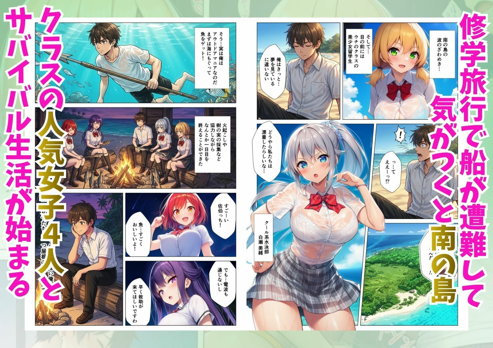 無人島でハーレム性活！クラスの一軍女子たちとエッチな乱交サバイバル サンプル1ページ目