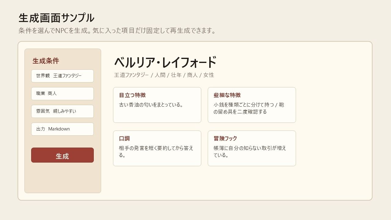 幻想NPC工房 Pro ファンタジーTRPG用NPCランダム生成ツール サンプル1ページ目