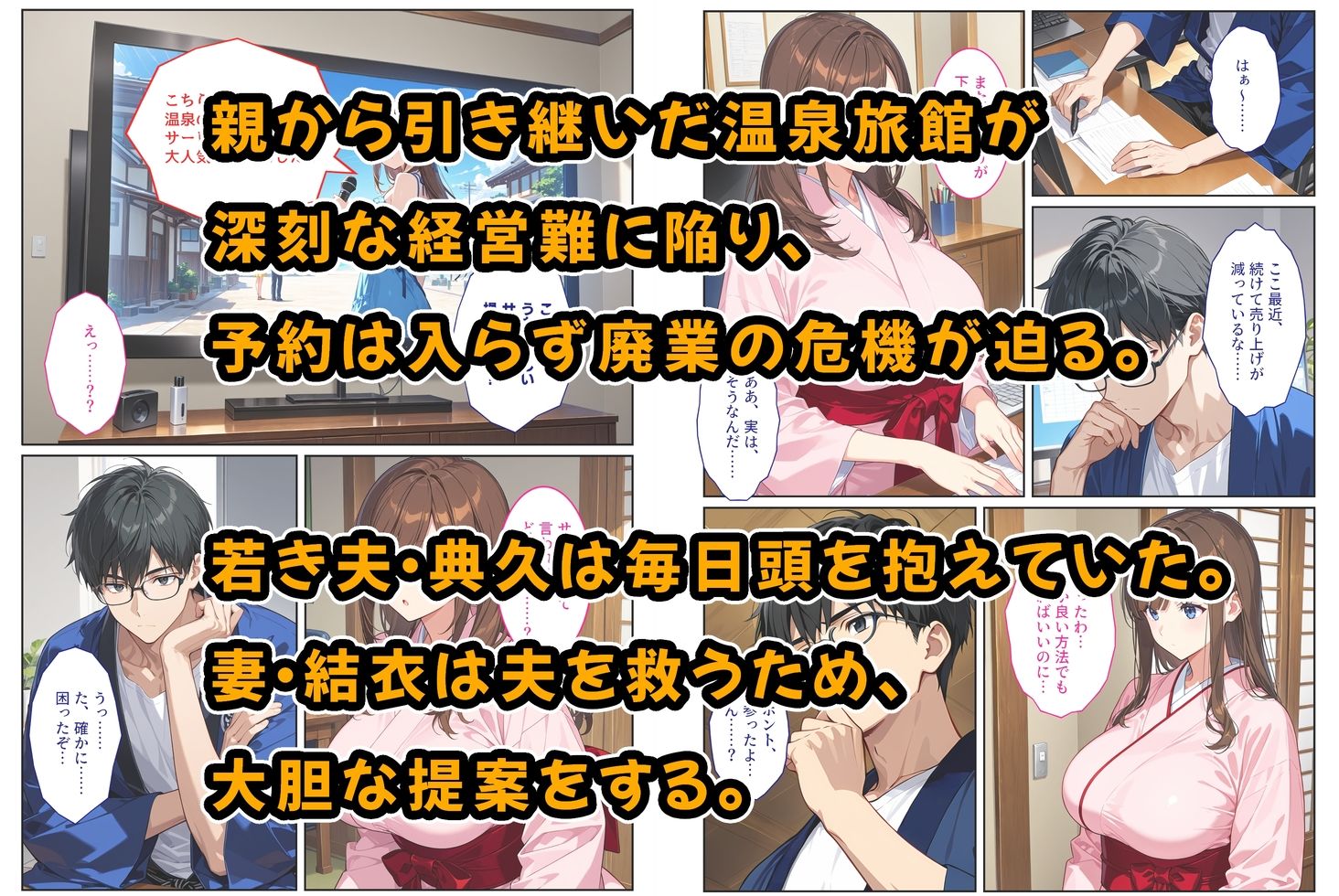 経営難の温泉旅館を守るため…爆乳人妻女将が客たちに種付けられて妊娠メス堕ち！ サンプル1ページ目