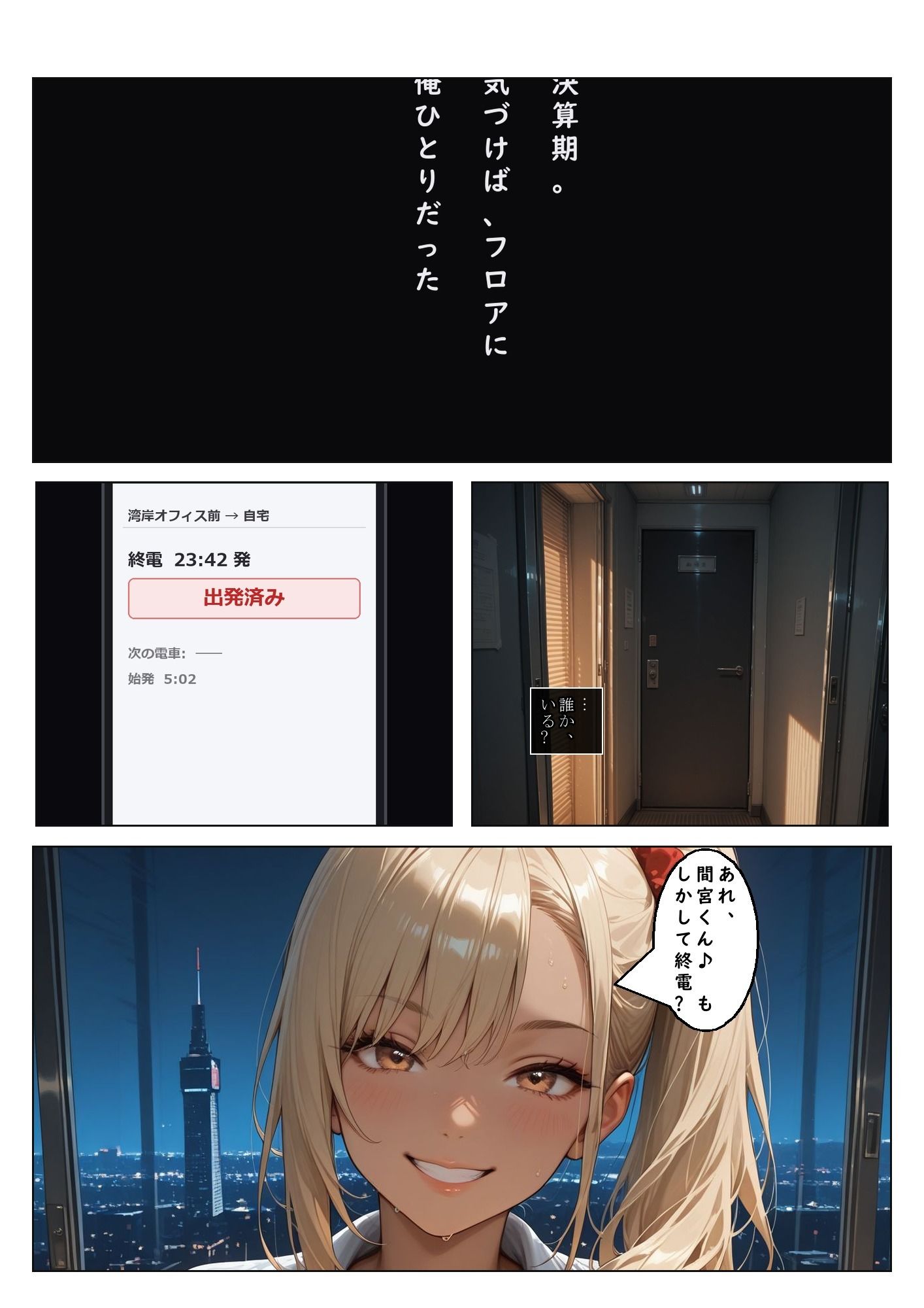 やっと内定もらえた、会社が  痴女だらけで毎日搾り取られる話。スピンオフ:天野マリナ編終電を逃した夜、 会社は先輩のものになる。 サンプル4ページ目