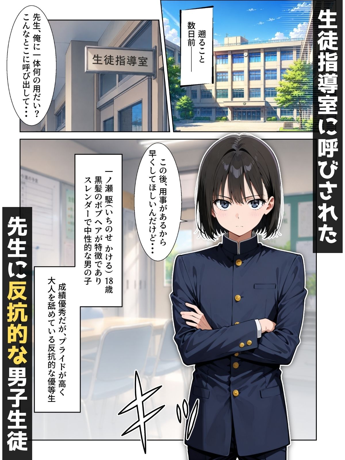 【男の娘×催●】〜生意気な黒髪ボブ青年がおじさん教師に常識改変される話〜 サンプル1ページ目
