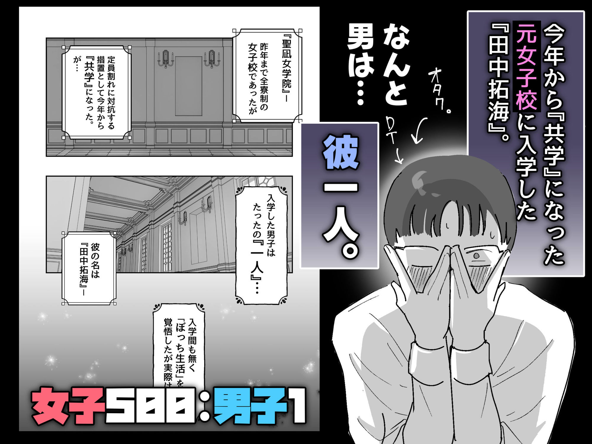 男子1人の元女子校で修学旅行に行ったらギャル達にち○こ差し出すしかない サンプル1ページ目