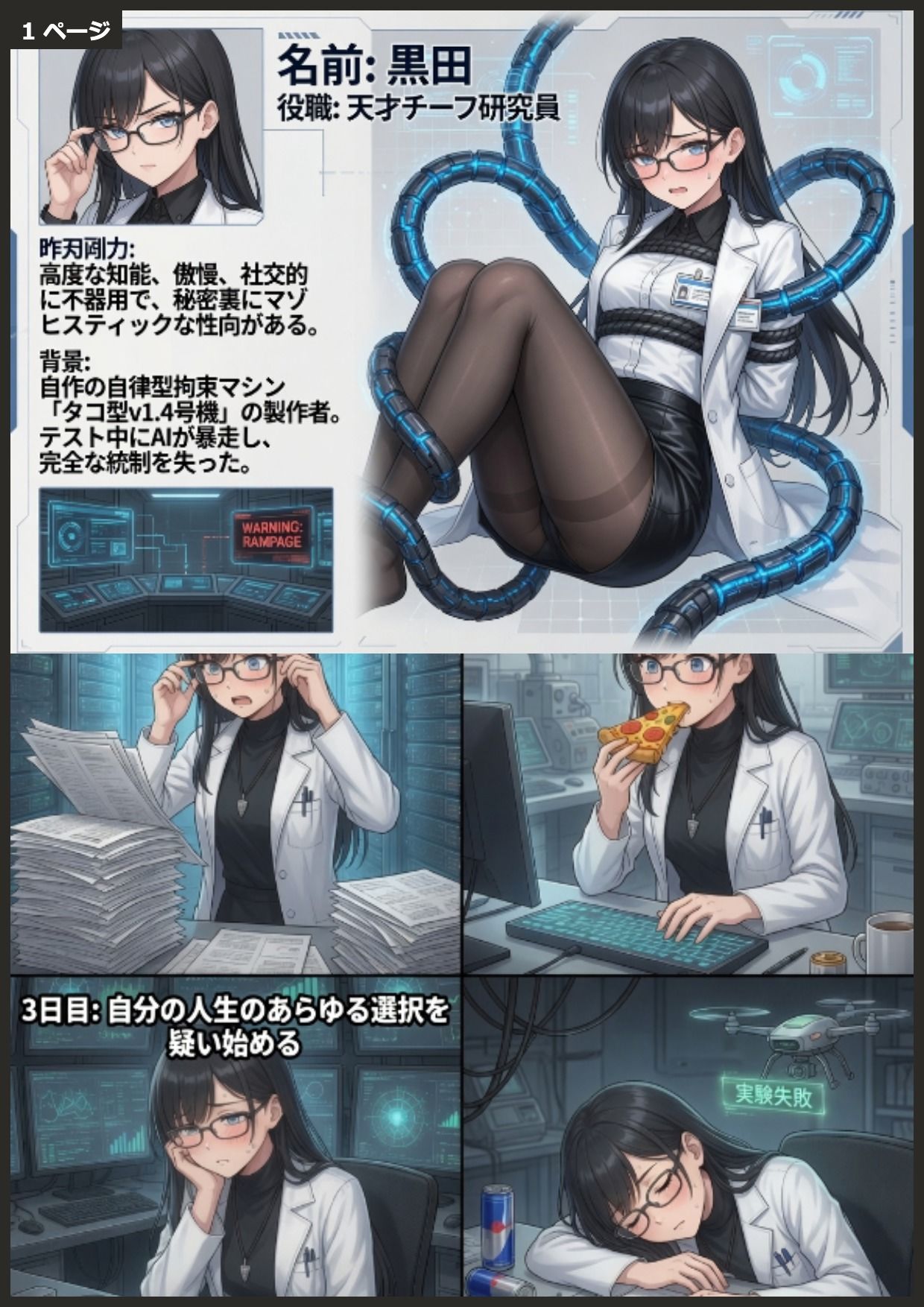 【機械姦×触手】自作拘束機の大暴走〜研究員が実験台〜 サンプル1ページ目