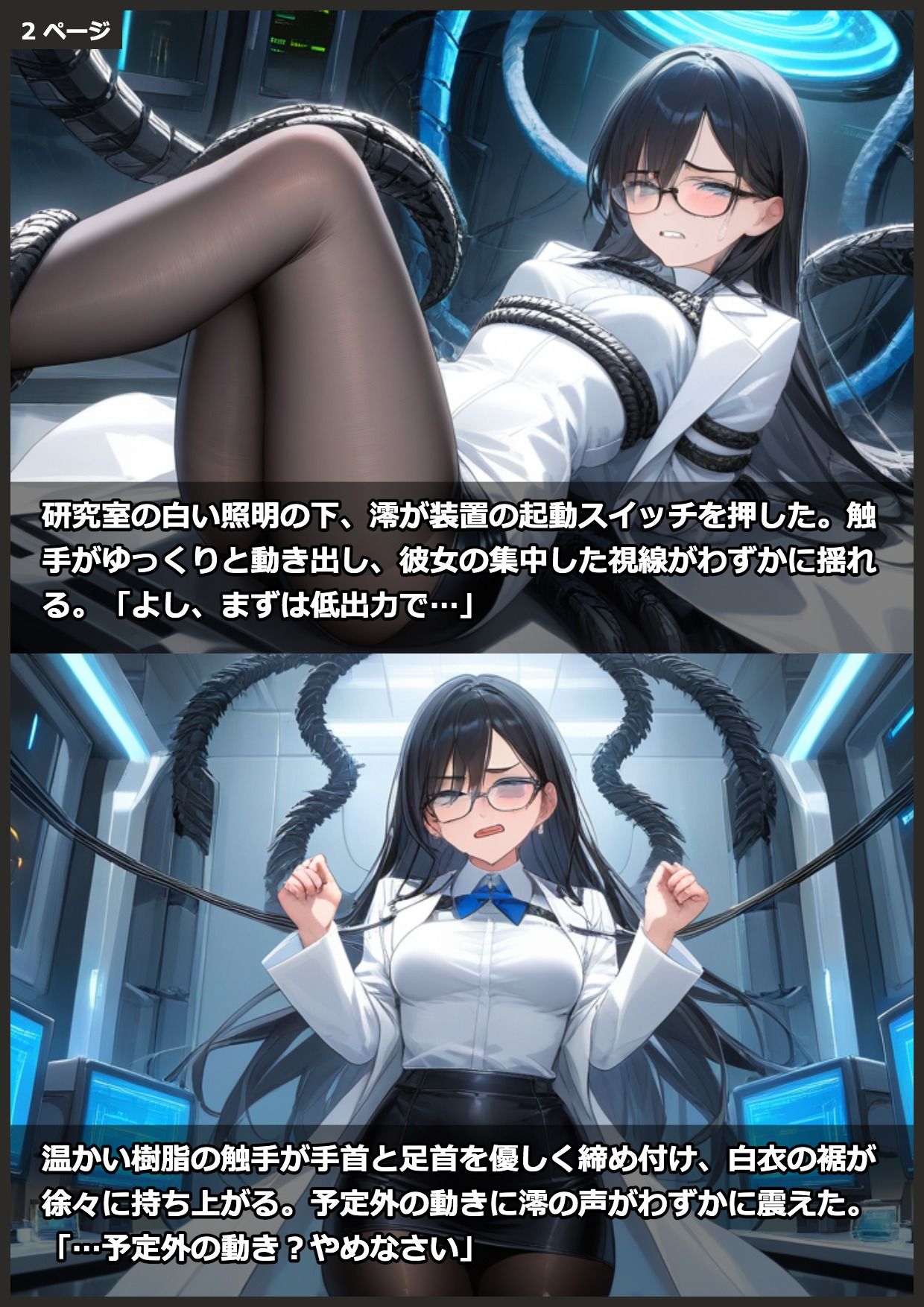【機械姦×触手】自作拘束機の大暴走〜研究員が実験台〜 サンプル2ページ目