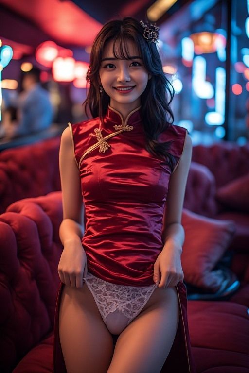 チャイナドレスパンチラで客を誘うキャバ嬢と妄想したヘアヌードを再現したAI生成画像集 サンプル2ページ目