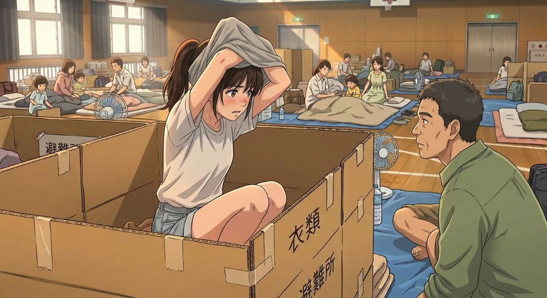 避難所で美少女たちを盗撮・セクハラするゲス中年男。簡易女風呂へ突入！全裸を見られた母娘の屈辱 サンプル1ページ目