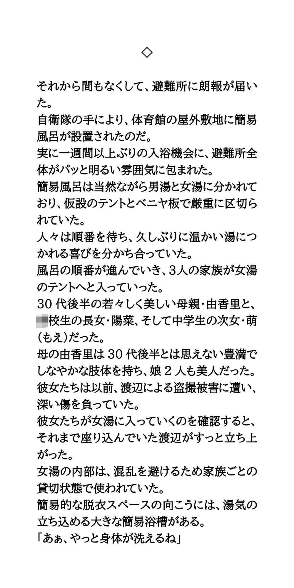 避難所で美少女たちを盗撮・セクハラするゲス中年男。簡易女風呂へ突入！全裸を見られた母娘の屈辱 サンプル7ページ目