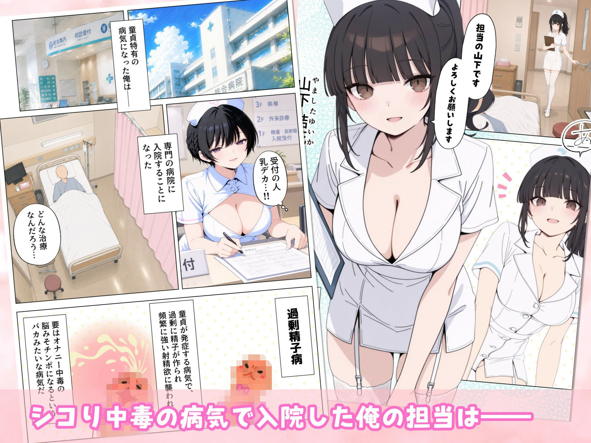 【漫画】美人ナースから射精を促される射精促進入院生活 / 治療のために沢山射精しましょう（はーと） サンプル1ページ目