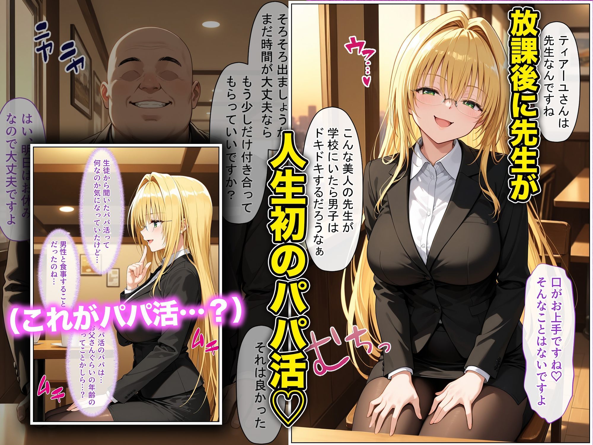 放課後、彼女たちはパパと会う〜チン媚び下品交尾〜欲しがり金髪巨乳ドジっ子教師、金と性欲に溺れる サンプル1ページ目