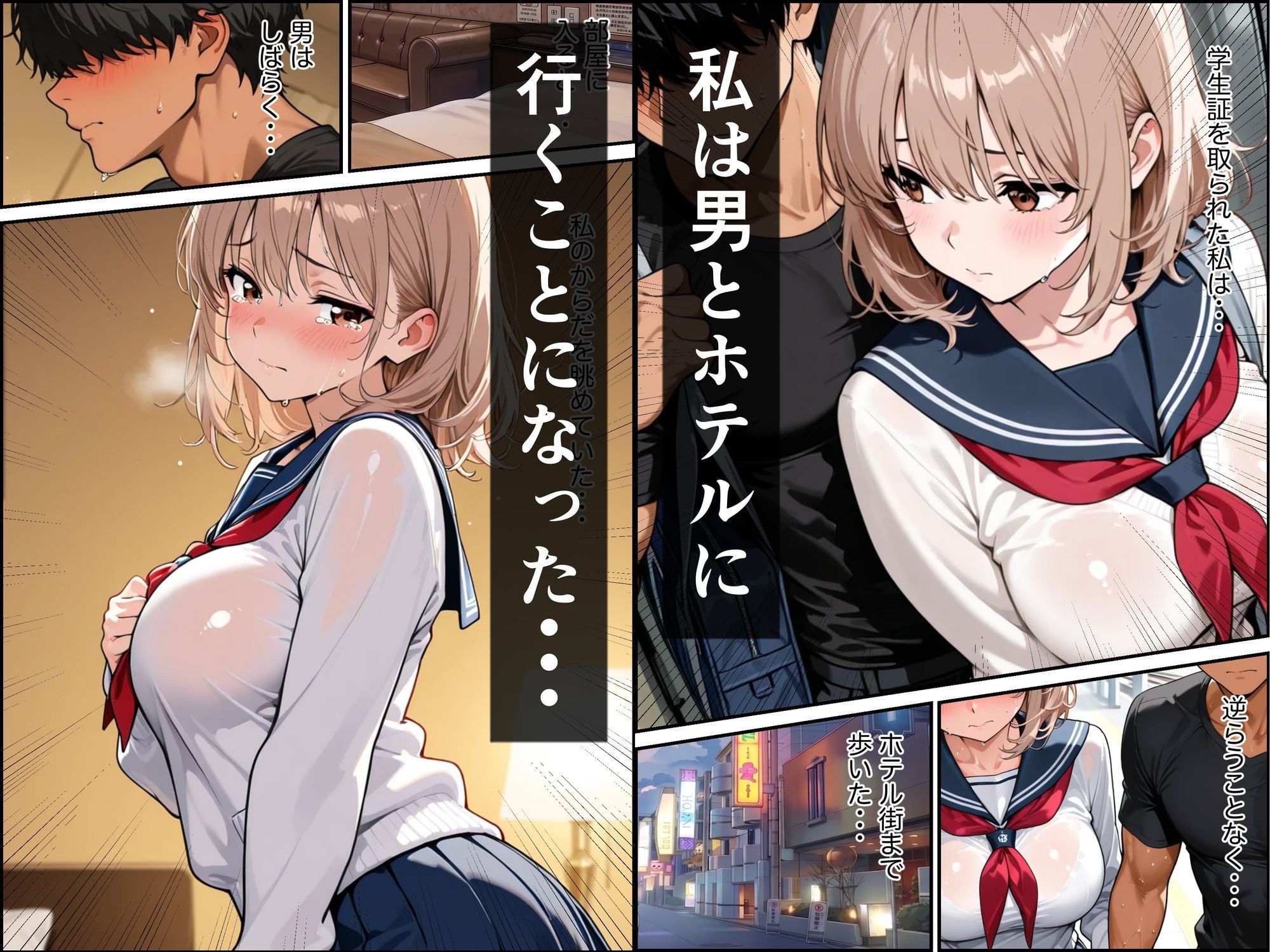 電車とホテルで気弱な金髪巨乳の女子校生が屈強な男に襲われて中出しされた話 サンプル6ページ目