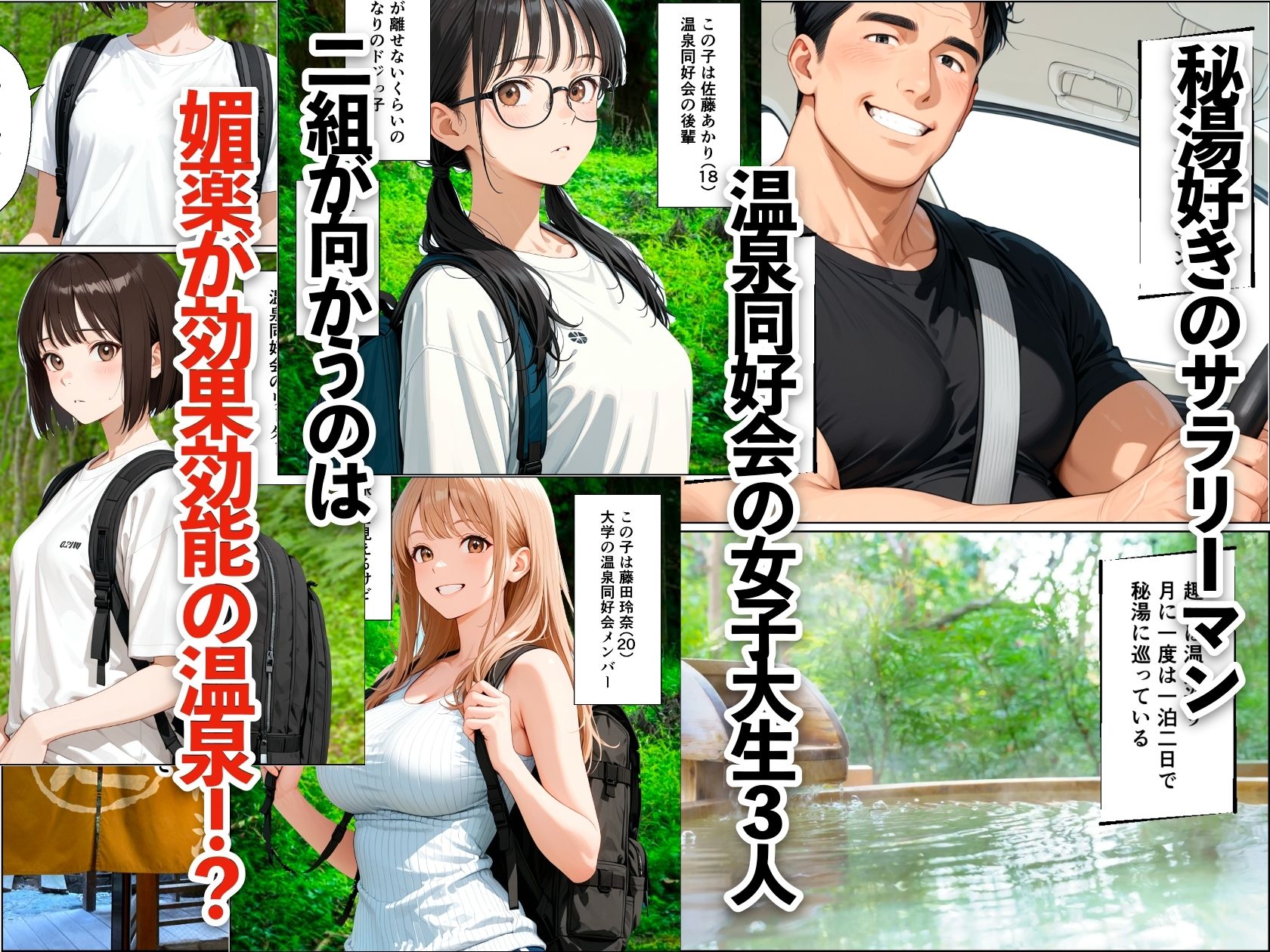 媚薬温泉 効果効能が凄すぎて 女子大生3人とハーレム サンプル1ページ目