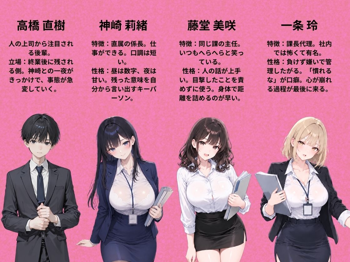 残業終わりの仮眠室で、欲求不満なOL上司たちと中出し濃厚セックスする話 サンプル1ページ目