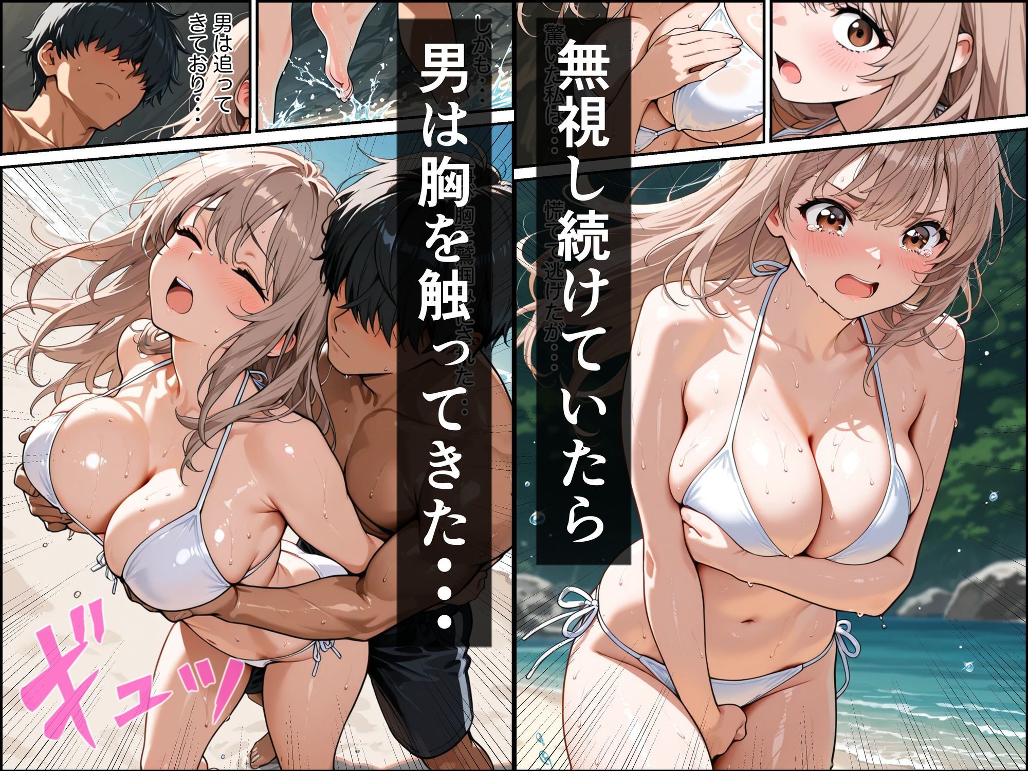 海でひとりになった金髪巨乳のお姉さんが屈強な男に襲われて中出しされた話 サンプル3ページ目