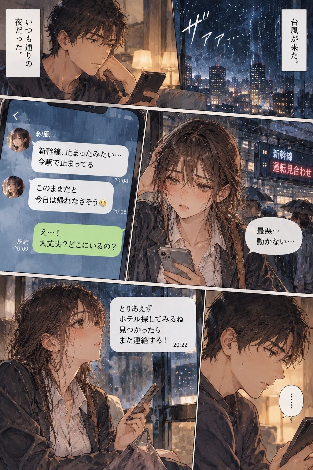 台風で帰れなくなった彼女が、会社の上司とホテルの同じ部屋に泊まることになった。 サンプル1ページ目
