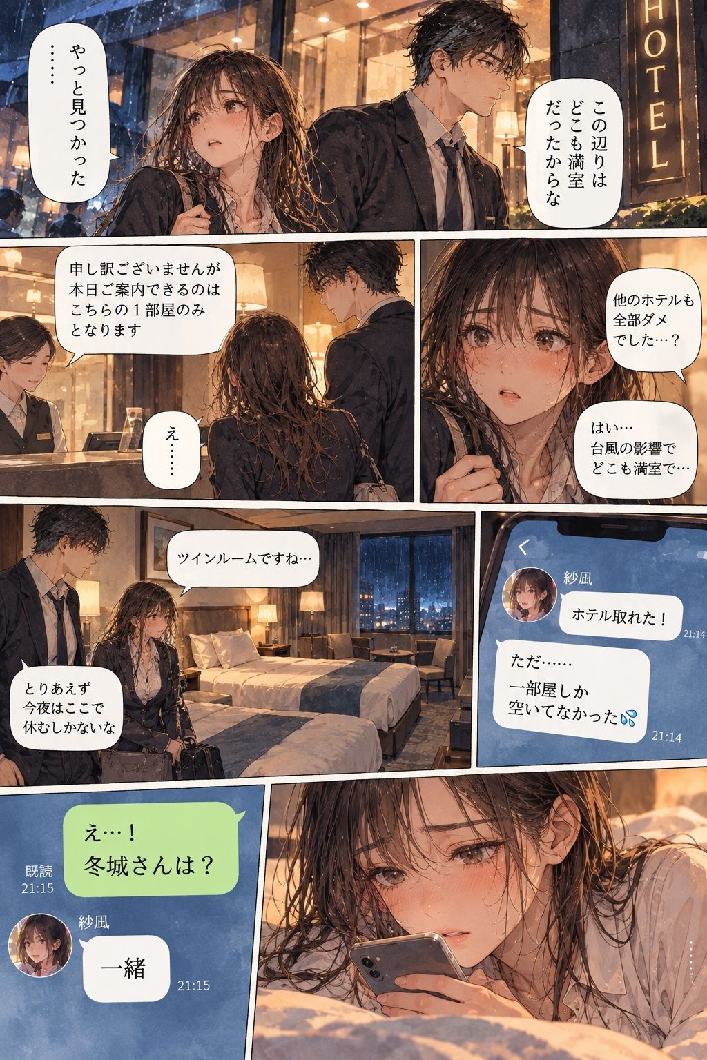 台風で帰れなくなった彼女が、会社の上司とホテルの同じ部屋に泊まることになった。 サンプル2ページ目