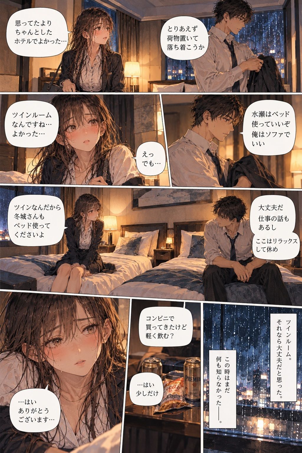台風で帰れなくなった彼女が、会社の上司とホテルの同じ部屋に泊まることになった。 サンプル3ページ目