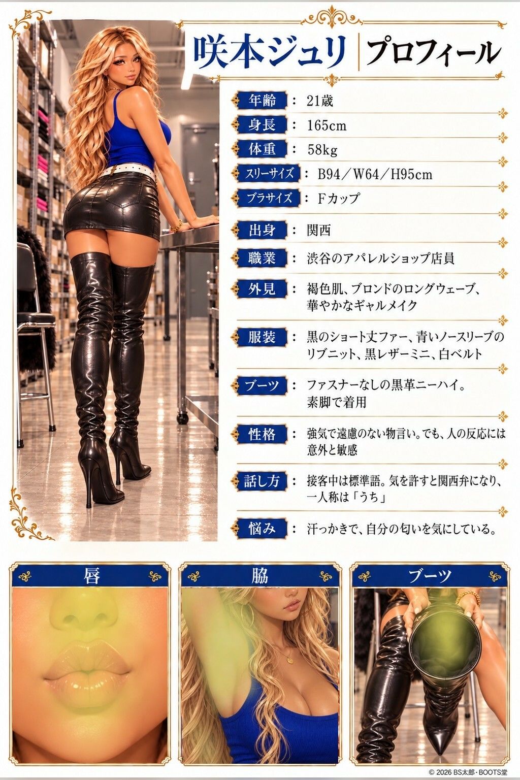 ジュリ（はーと） ショップ店員の黒皮ニーハイブーツは濃厚な納豆臭！？ サンプル1ページ目