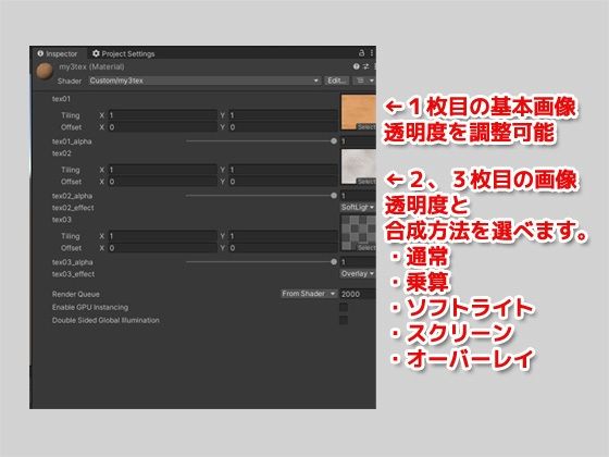 3つの画像を合成するマテリアル・シェーダー〜Unityアセット サンプル2ページ目