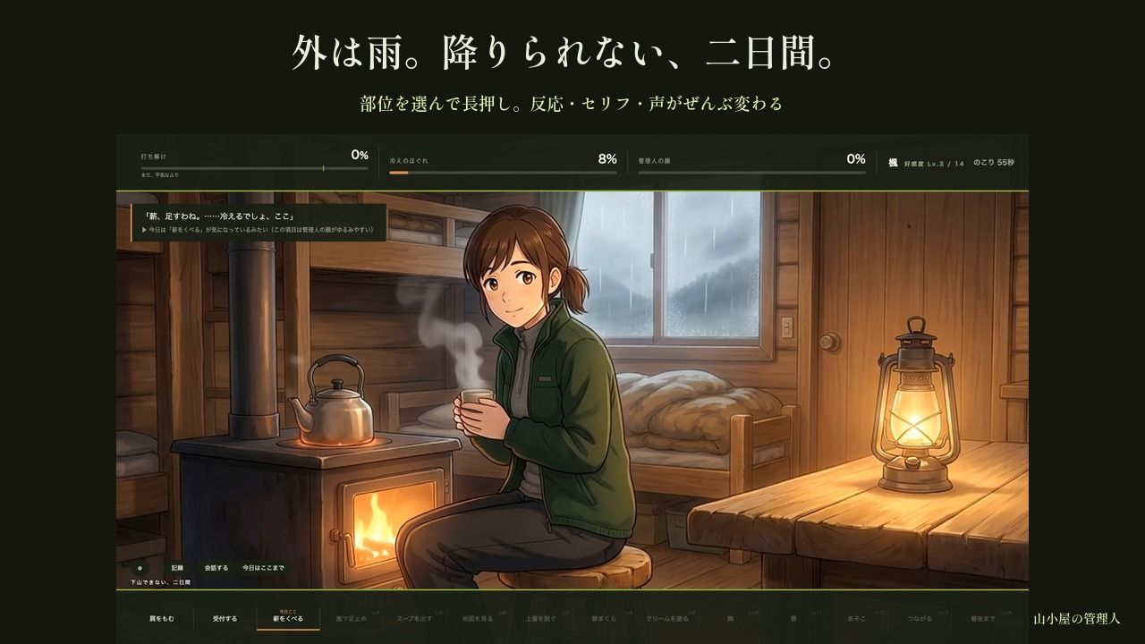 宿泊客には笑顔だけの山小屋の管理人さん 〜下山できない二日間、ストーブの前で〜 サンプル2ページ目