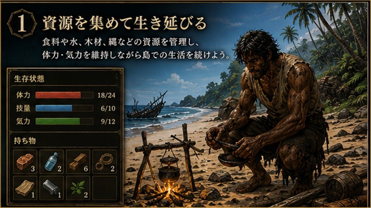 【孤島探索×サバイバルゲームブック】黒帆島漂流記 サンプル1ページ目