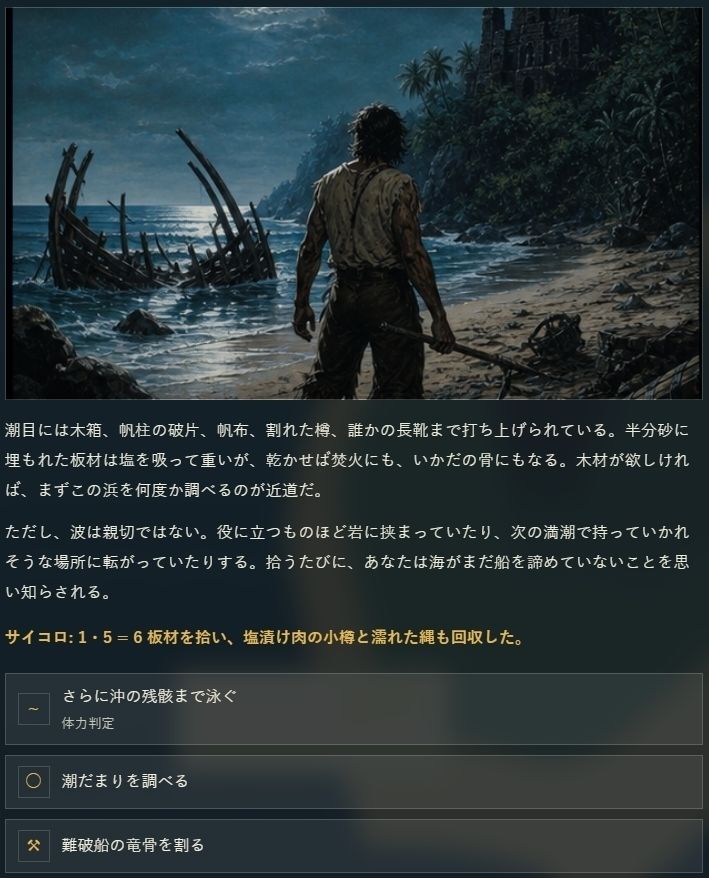 【孤島探索×サバイバルゲームブック】黒帆島漂流記 サンプル3ページ目