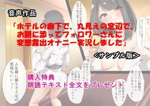 音声作品 「ホテルの廊下で、丸見えの窓辺で。お題に添ってフォロワーさんに変態露出オナニー実況しました」 出張先のホテルで露出オナニーをSNSで実況した〜 朗読版 サンプル1ページ目