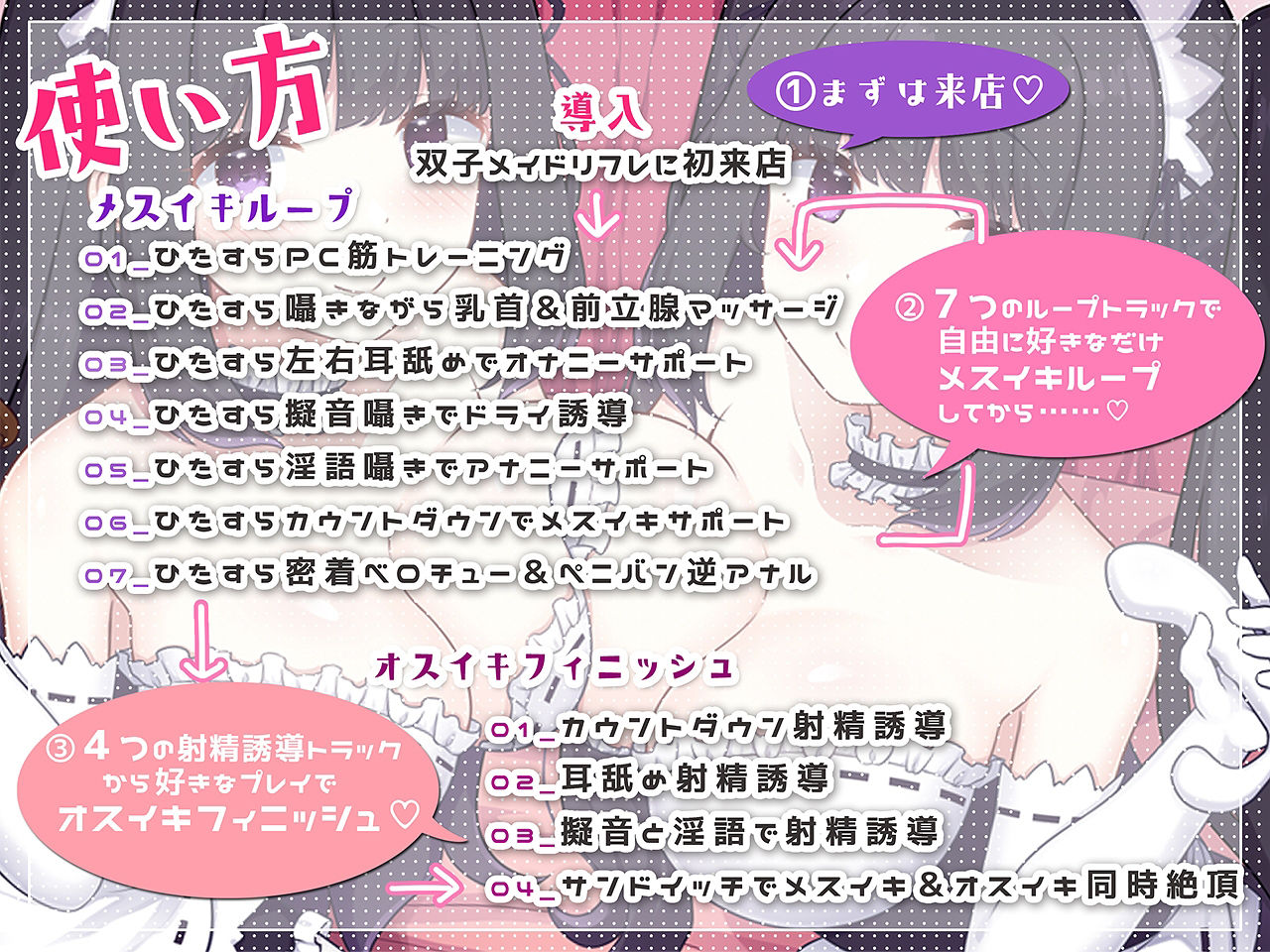 双子メイドのあまあまメスイキ無限ループ〜7種の無限ループでご主人様の乳首＆前立腺オナニーをサポートしちゃいます〜【KU100バイノーラル】 サンプル1ページ目