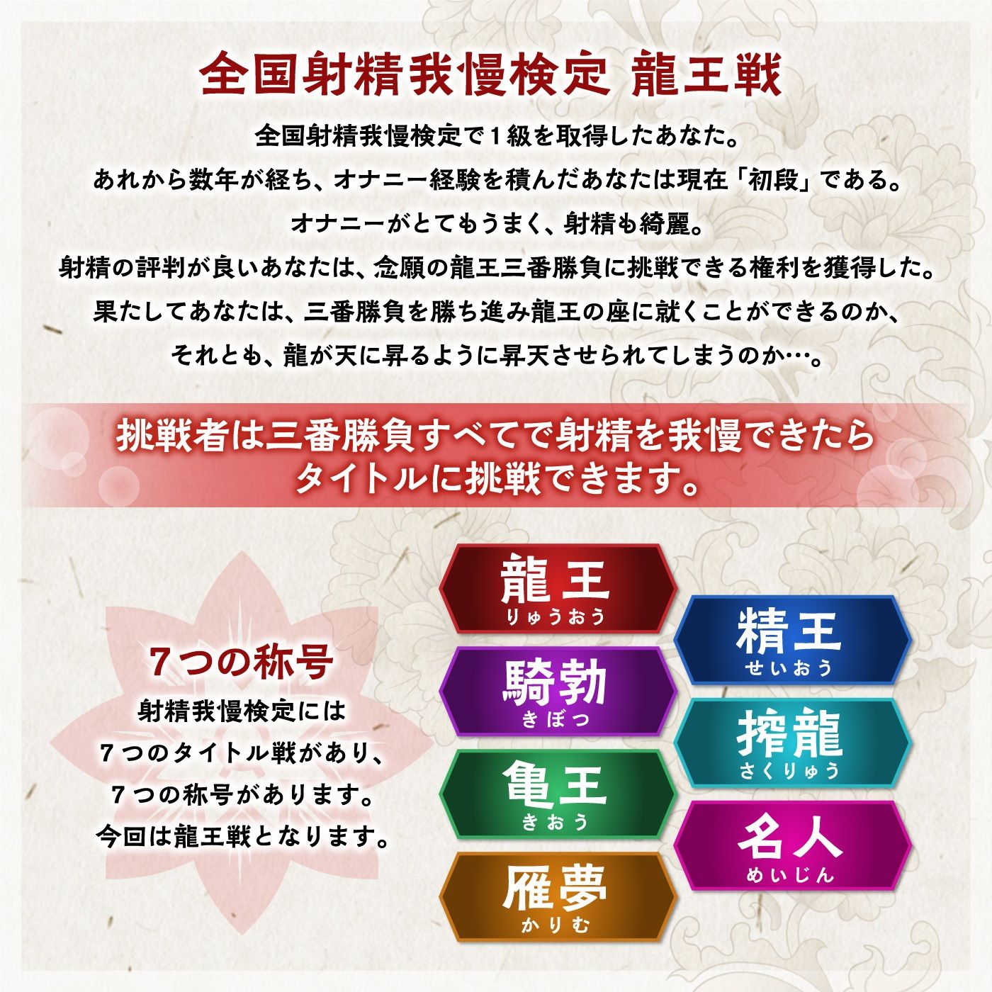 【検定】音声で手コキ★あなたは何級？タイトル戦「全国射精我慢検定＜龍王戦＞美鈴編」〜負け知らずの美鈴龍王に挑戦〜 サンプル1ページ目