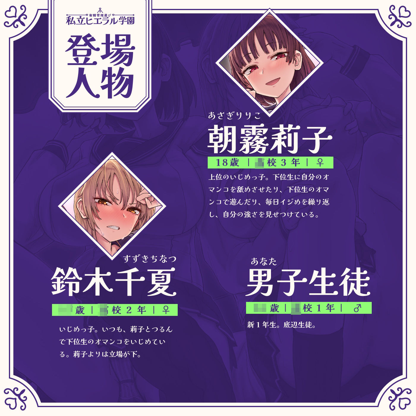 射精管理遊び「私立ヒエラル学園」〜いじめっ子のいじめっ子があなたをいじめるためにいじめっ子をいじめる〜【縦社会】 サンプル2ページ目