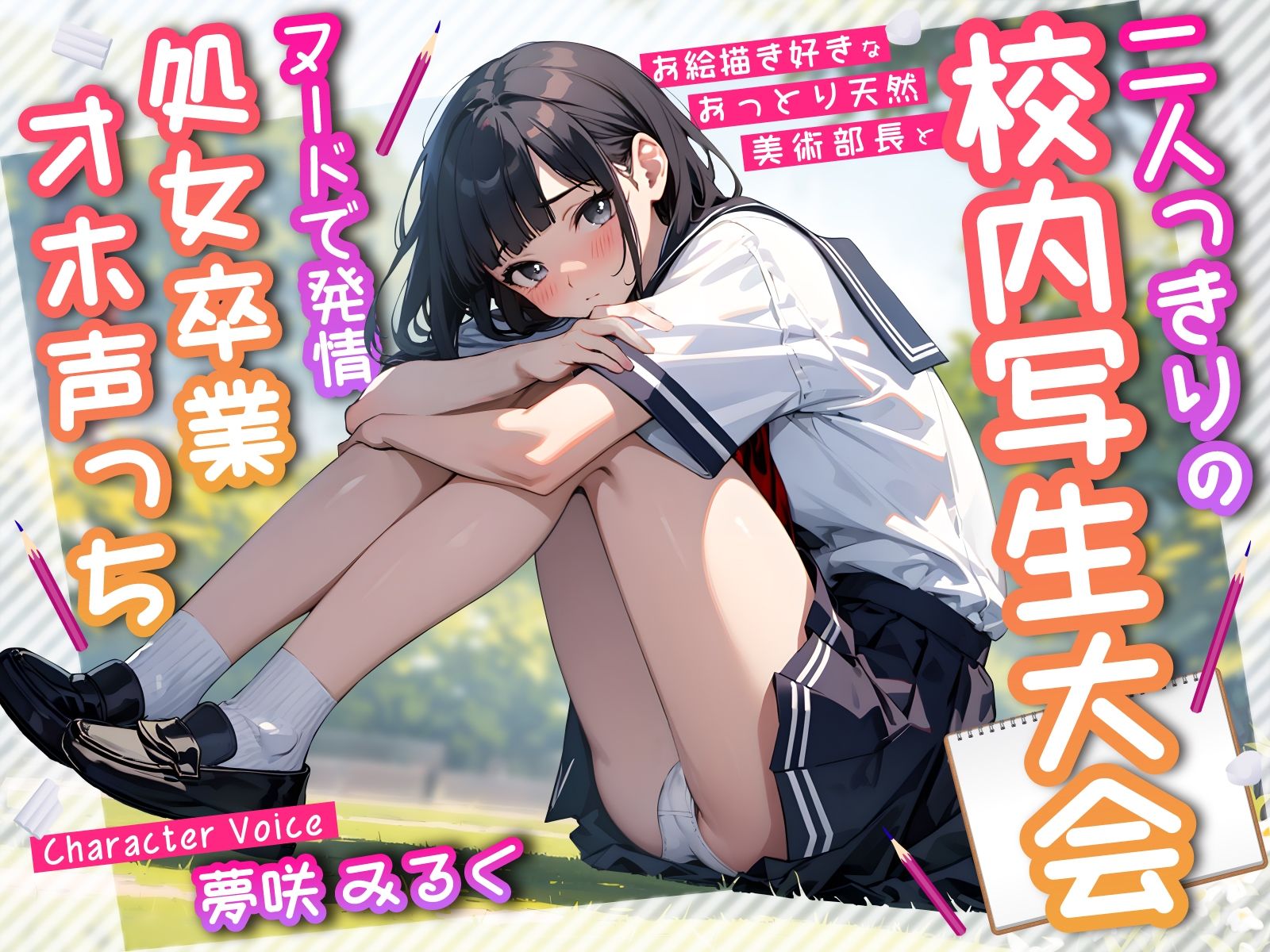 お絵描き好きなおっとり天然美術部長と二人っきりの校内写生大会〜ヌードで発情処女卒業オホ声っち〜 サンプル1ページ目