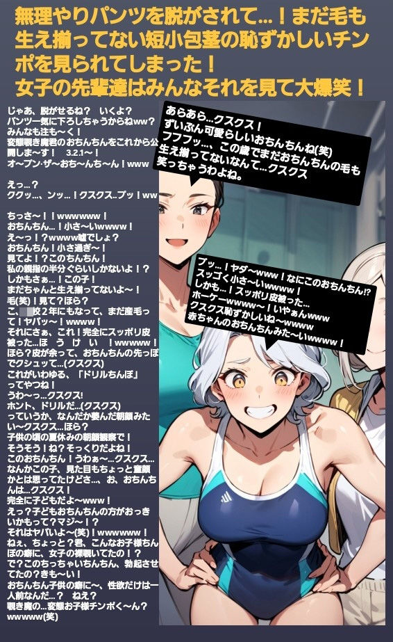 エム男向けCFNMボイス  恥ずかしい短小包茎いじめ  女子水泳部編【第1話 】覗きの疑いで捕まった軟弱男子が、強い女の子達にパンツを脱がされて恥ずかしい赤ちゃんチンポを虐められるお話… サンプル3ページ目