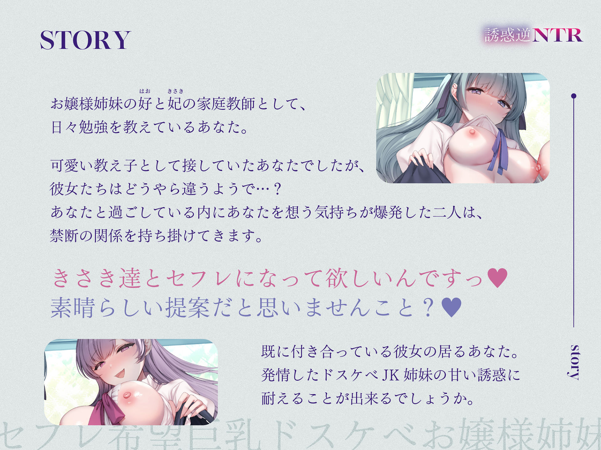 【処女作記念110円/ハート目発情差分付き】セフレ希望巨乳ドスケベお嬢様姉妹のねっとりじわじわ誘惑逆NTR 〜彼女を裏切り年頃メスオナホ×2と背徳孕ませ交尾〜 サンプル3ページ目