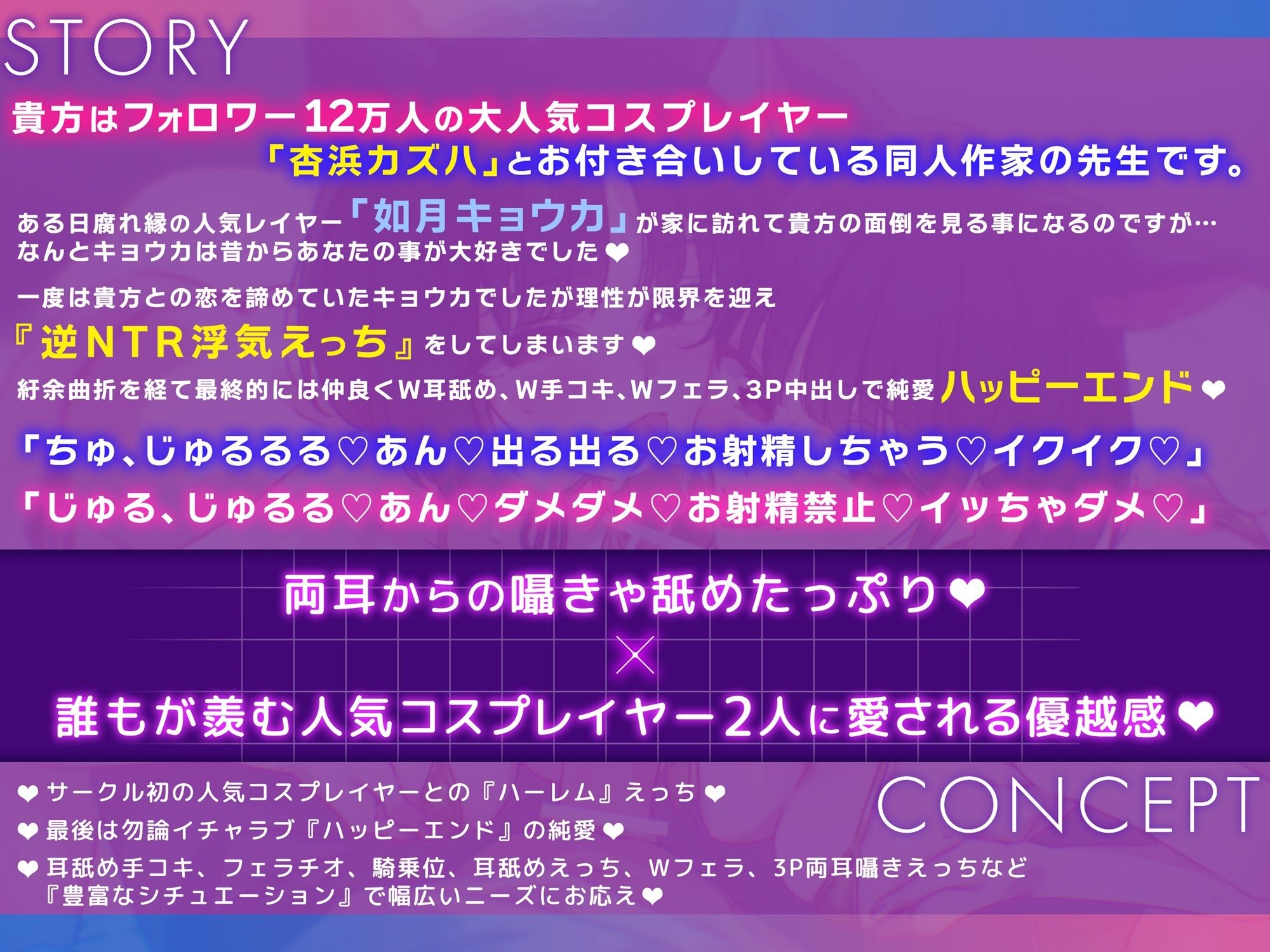 逆転なし＆湿度たっぷり♪貴方を大好きな低音ダウナー有名コスプレイヤー×2と誘惑純愛ハーレムえっちでハッピーエンドする音声【左右舐め♪カウントダウン♪】 サンプル2ページ目