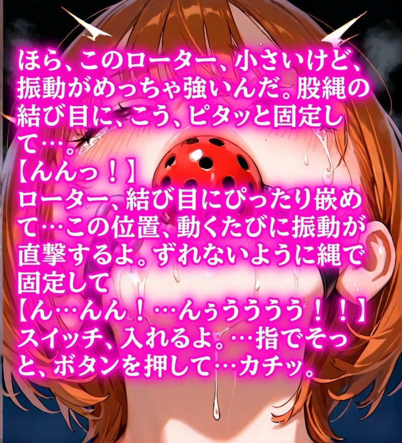 女友達のイタズラ緊縛ゲーム 〜縄と手錠でぎちぎち拘束、涎まみれボールギャグで塞がれた口、股縄ローターで何度も絶頂させられ、目隠し放置される サンプル1ページ目