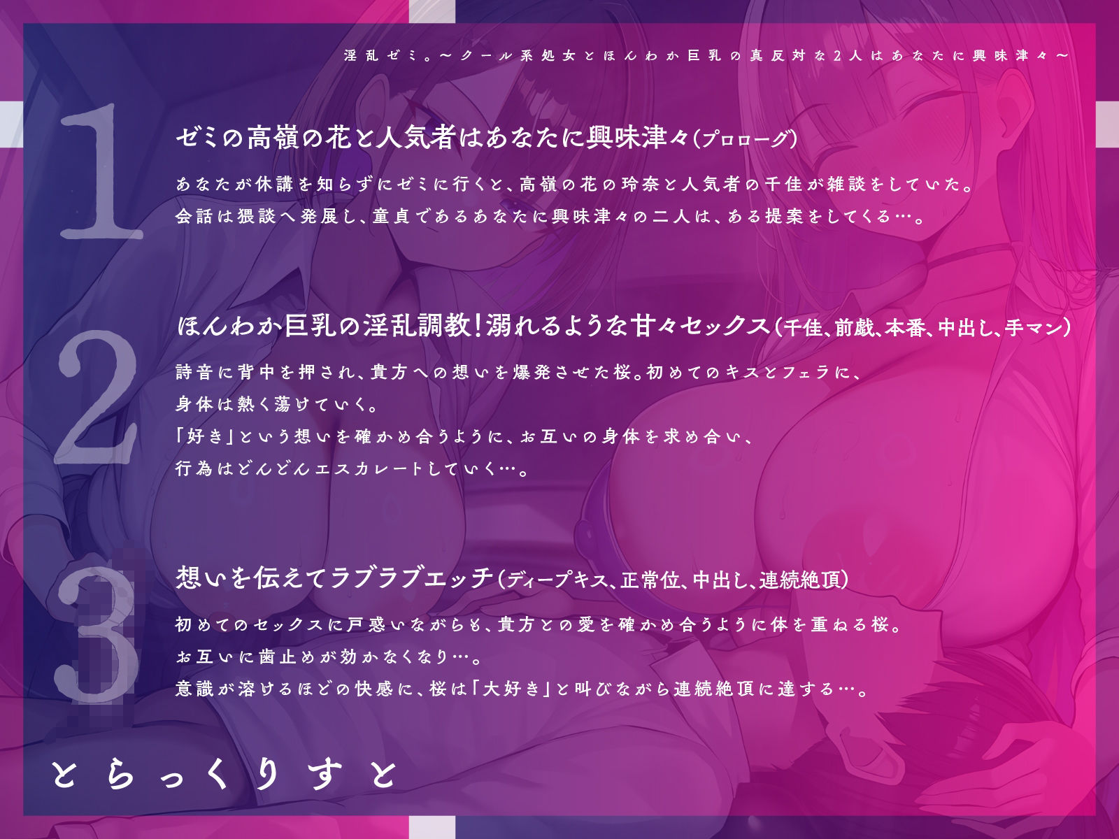淫乱ゼミ。〜クール系処女とほんわか巨乳の真反対な2人はあなたに興味津々〜【KU100】 サンプル4ページ目