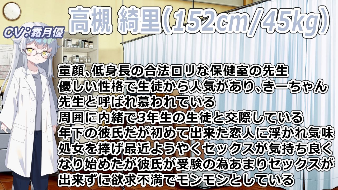 （CV:霜月優）生徒と内緒で付き合っている養護教諭は保健室で彼氏とイチャついてるところを見た教頭先生に寝取られる サンプル2ページ目
