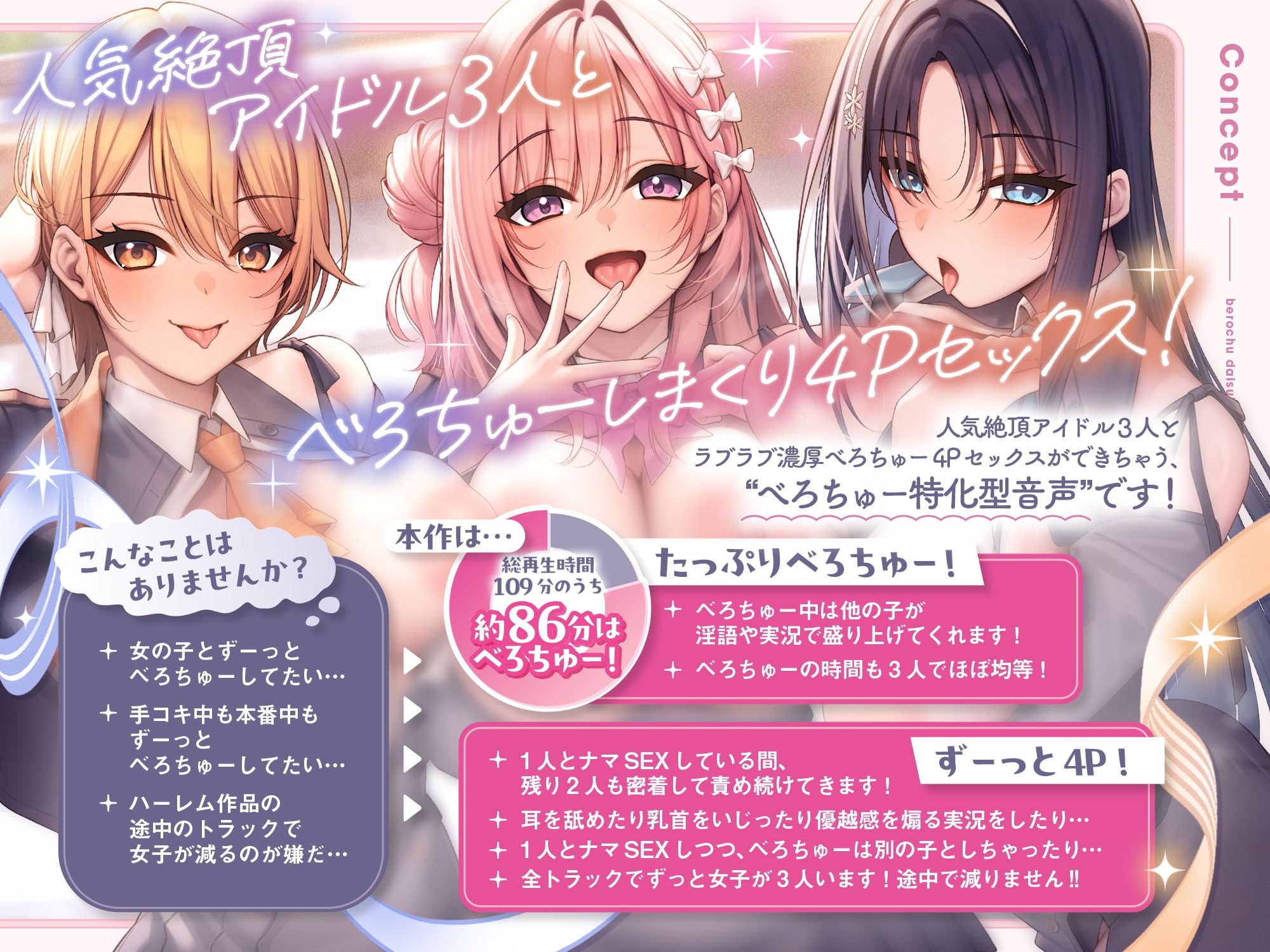 べろちゅー大好きアイドル3人と優越感MAXハーレム4P-かわるがわる濃厚ラブラブべろちゅー＆優越感ムクムク実況＆好きな子を選んで密着4PべろちゅーナマSEX-【キス特化】 サンプル1ページ目