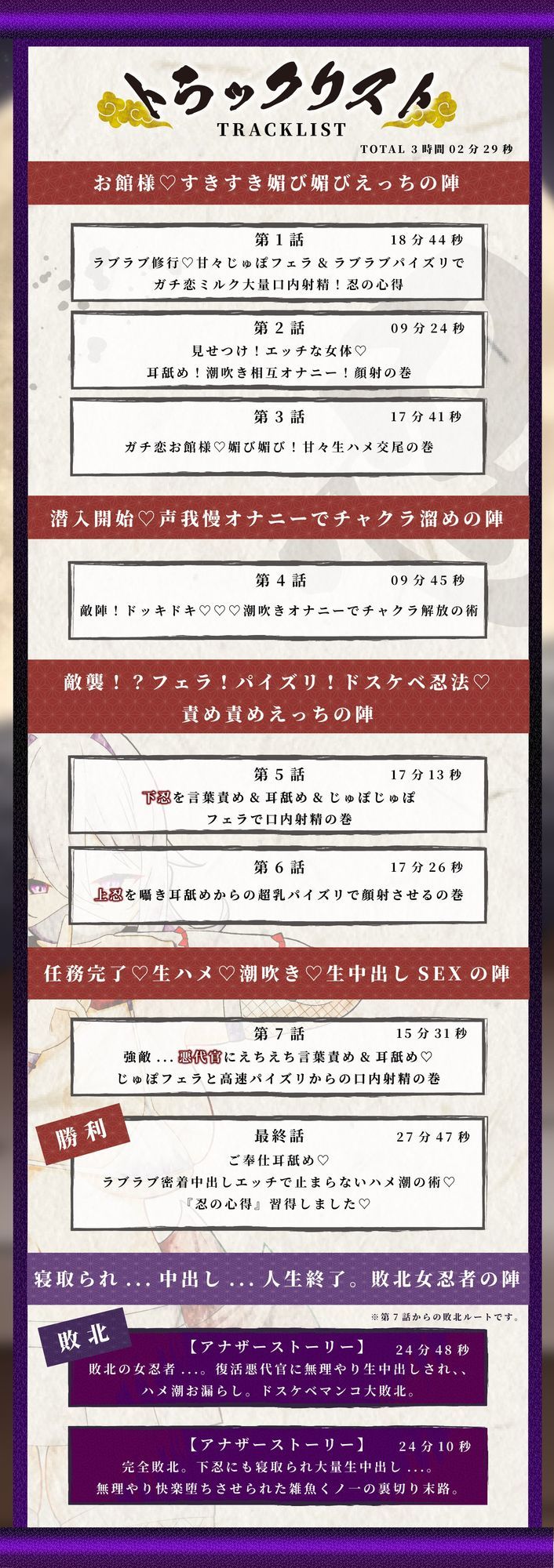【KU100】【3時間OVER】【NTR×ハメ潮×孕ませ】〜爆乳くノ一ガチ恋の巻〜「くノ一 VS 下忍・上忍・悪代官」おちんぽ媚び媚びの術【CV分倍河原シホ】 サンプル5ページ目