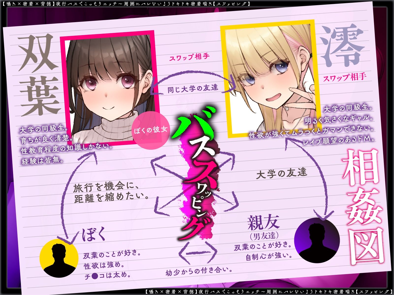 【囁き×密着】夜行バスでこっそりエッチ〜周囲にバレないようドキドキ密着喘ぎ【スワッピング】 サンプル3ページ目