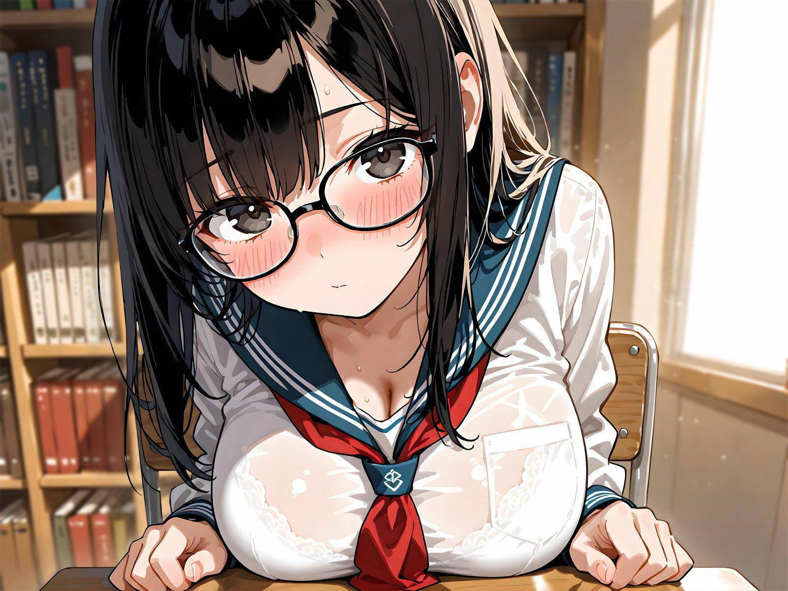 おとなしめな巨乳図書委員の後輩に勉強を教えていたら…谷間に興奮して勃起バレ→密着囁きでお礼の中出しえっち サンプル4ページ目