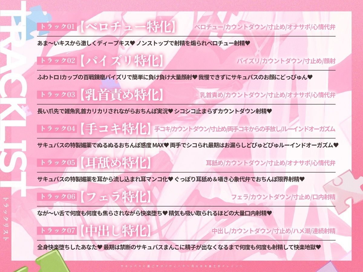 【3時間over×全パート射精】サキュバスと過ごすマゾウィーク〜月火水木金土日ドレイン〜ベロチュー×耳舐め×乳首責め×手コキ×パイズリ×フェラ×中出し【CV彩夢ひな】 サンプル4ページ目