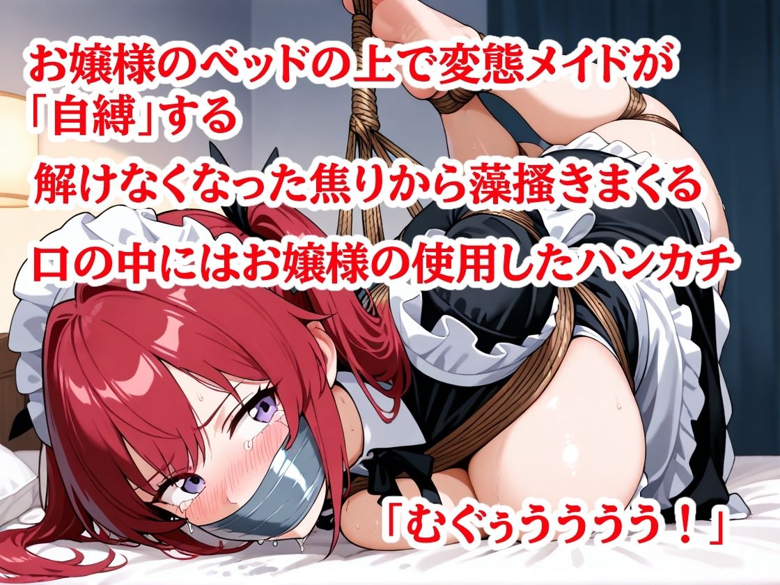 お嬢様のベッドで自縛 ハンカチを口いっぱいに詰め込んでダクトテープ猿轡 ほどこうとしたら解けず、半分吊られたままもがく変態メイド サンプル2ページ目